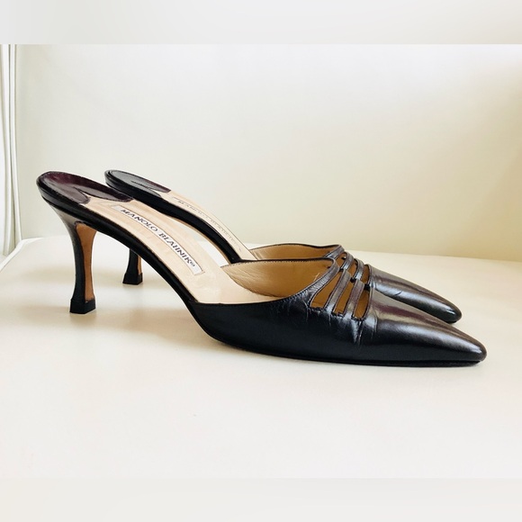 Manolo Blahnik Black Leather Heel Mules SZ 6.5/36.5